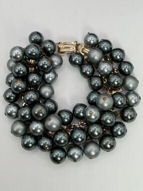 Vintage Japan Multi Strand Faux Pearl Cluster Bracelet Blue Gray Mid Century